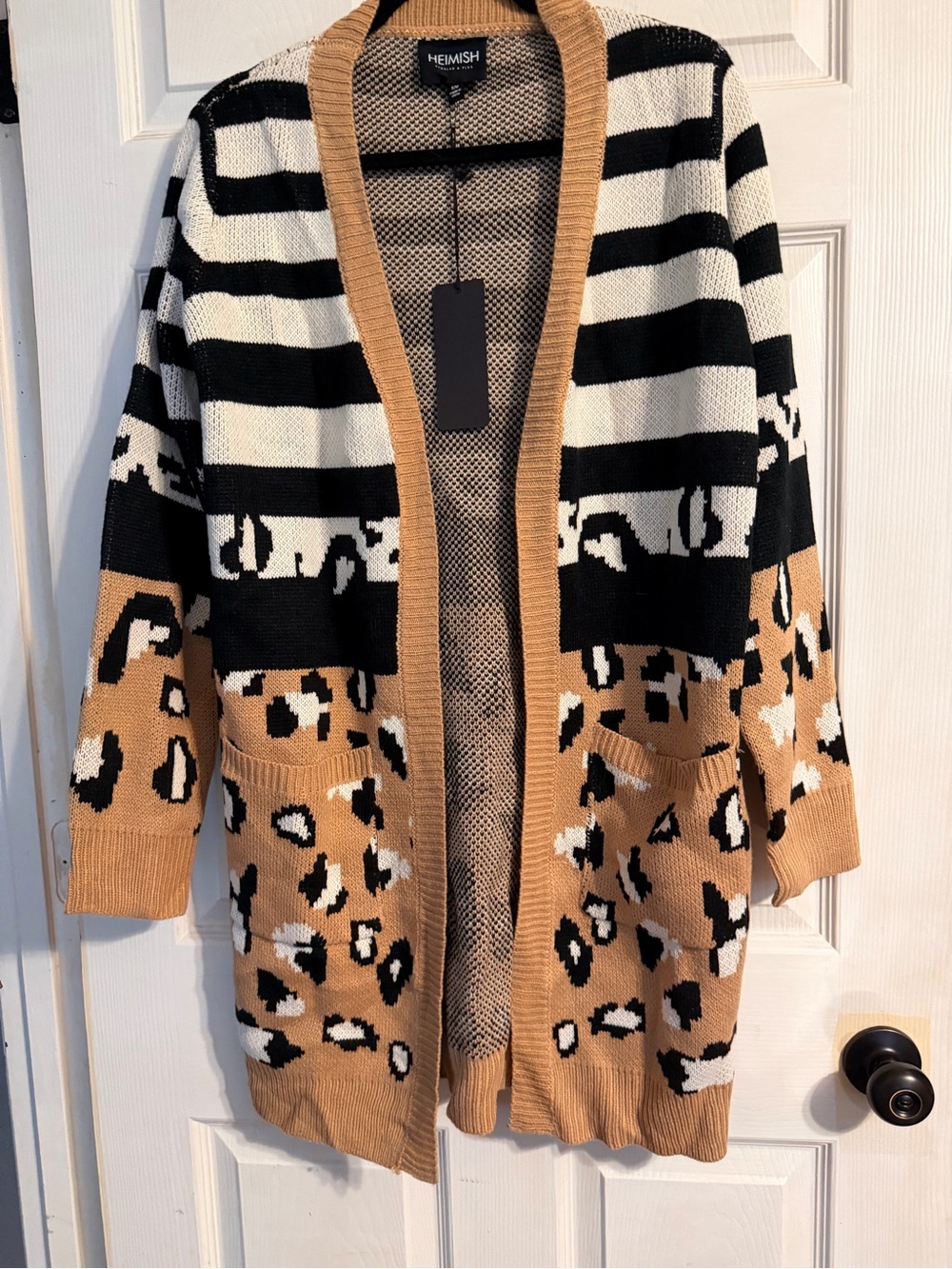Hemish Tan Black White Striped Leopard Open Cardigan